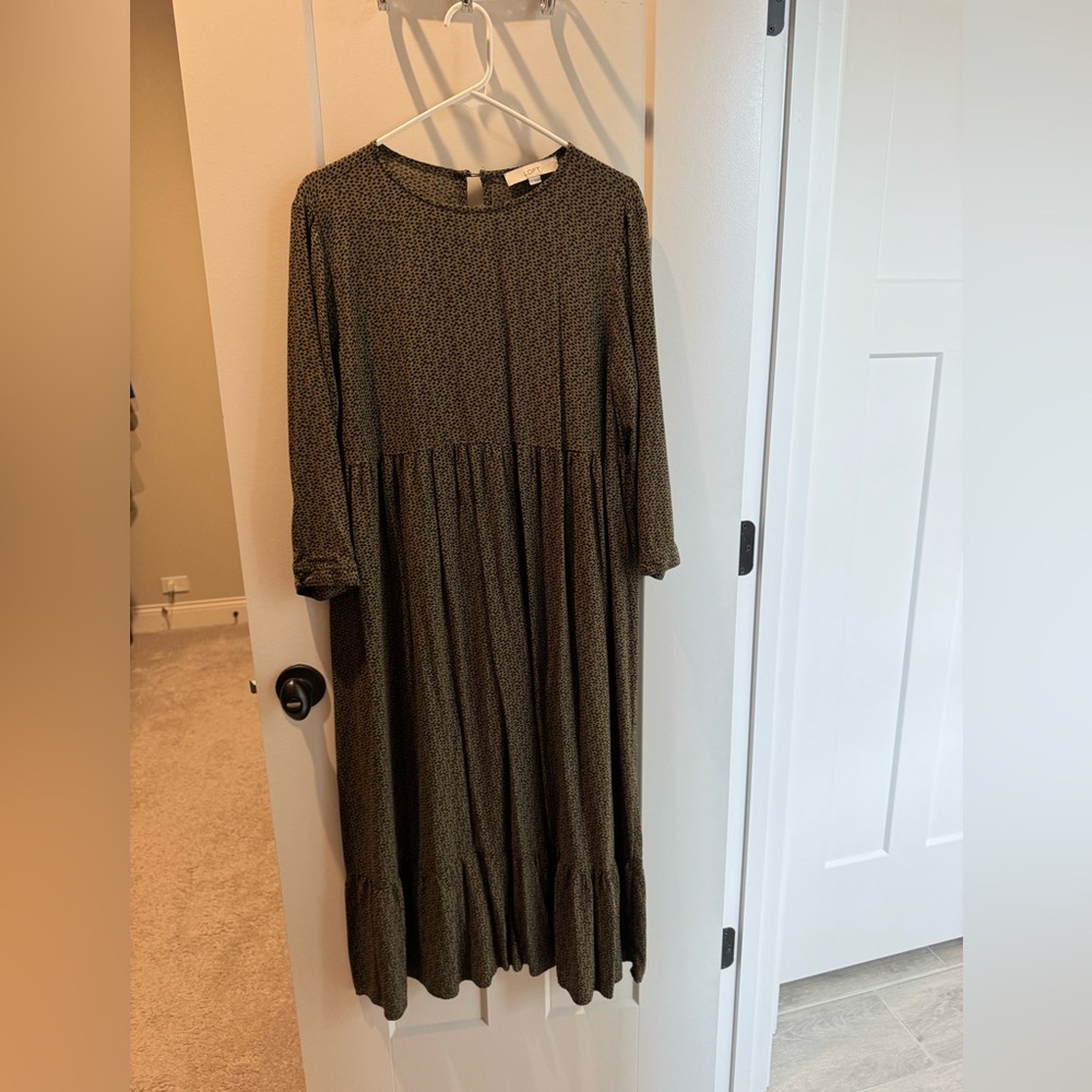 LOFT Olive Green Long Sleeve Tiered Dress with Tiny Dot Print
